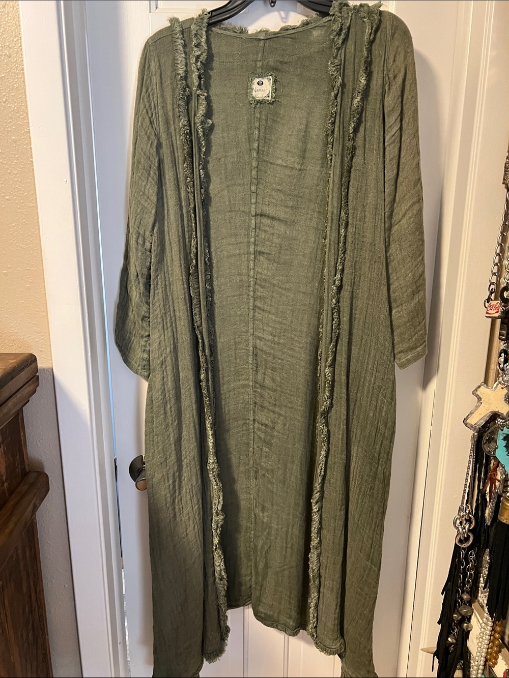 Women's Olive Open-Front Draped Long Jacket